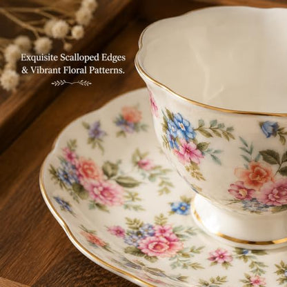 Noviko 6 oz Floral Ceramic Teacup and Saucer Set with Spoon | Set of 1, Afternoon Tea Party Gift for Women, Mom, Bridal Shower, Wedding - color: Multicolor