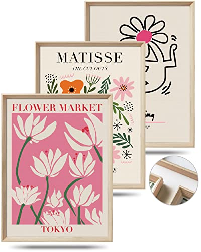 UPWOIGH Pink Floral Framed Wall Art, 12 x 16 Inch, Set of 3 | Matisse and Keith Haring Inspired Flower Prints, Pink Modern Art Designs, Light Wood Frames for Bedroom and Gallery Wall - color: Matisse Red Tokyo Flower MDF