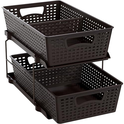 Simple Houseware 2 Tier Pull-Out Sliding Drawer Under Sink Storage, Brown | Great for Kitchen Bathroom Tray Shelf Organizer - color: Brown