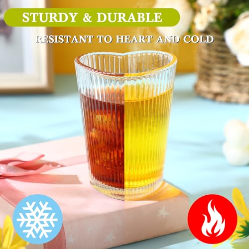 Skylety 6 Sets Heart Shaped Glass Tumbler with Straw Cute Drinking Cup Shot Glass for Juice Beer Cocktail Whiskey Summer Drinkware for Party Home Bar Club Restaurant Supplies, 5 oz(Vertical Stripes) - style: Vertical Stripes