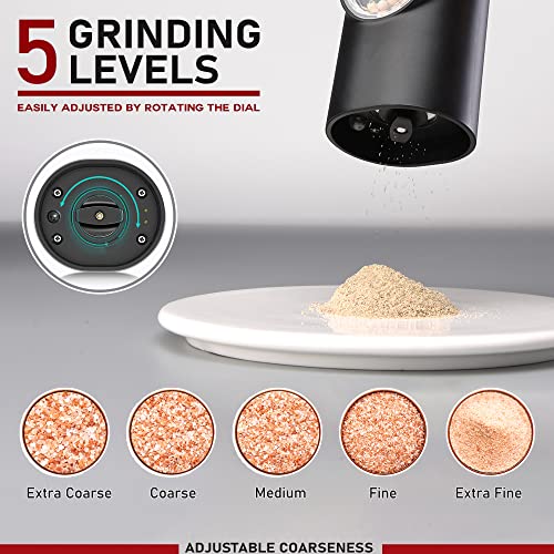 Electric Salt and Pepper Grinder Set of 2, Automatic Pepper Mill,USB Rechargeable, Adjustable Coarseness, One-handed Operation, Ceramic Burr,Refillable, Auto Grinders with Charging Base LED Light