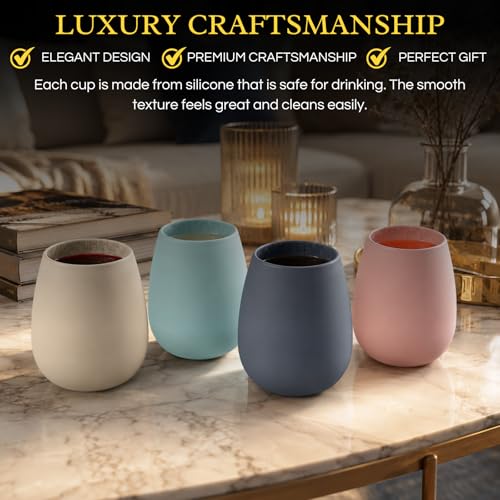 Unbreakable Silicone Stemless Wine Glassware | Set of 4 | Reusable & Shatterproof Tumbler Drinkware for Wine, Water, Cocktails, Champagne Glass for Parties, Beaches, Boats (Pink, Black, Blue, Tan) - color: Multicolor