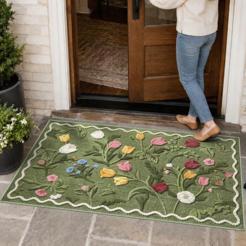 3x5 Small Green Floral Entryway Rug, Neutral Farmhouse Front Door Mat, Washable Non Slip Thin Low Pile Floor Mat for Indoor Outdoor Kitchen Bathroom Porch - color: Green Floral, size: 3' x 5' (Rectangular)