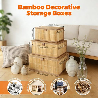3 Pack Bamboo Decorative Shelf Basket,Woven Storage Boxes with Lined，Nesting Lidded Box with Lids for Toys,Cosmetics,Office,sundries,Closet,natural & eco-friendly bamboo storage organizers