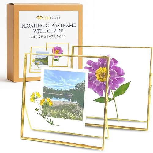 Beedecor Double Glass Frame for Pressed Flowers, Leaf and Artwork,Gold 6x6 Standing Square Metal Picture Frames, Set of 2 Pressed Flower Frames with Stand (Gold, 6x6) - color: Gold, size: 6x6