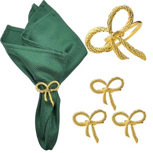 Gold Bow Napkin Rings Set of 4, Shiny Bow Style Holders | Classic bowknot design with polished gold finish adds elegance to Christmas, Thanksgiving, holidays and dinner parties.