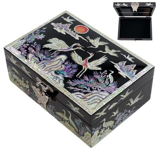 Korean Mother-of-Pearl Keepsake Box with Mirror – Floral & Butterfly Inlay – Handmade Trinket Memory Box – Black Lacquer Gift for Women, Birthday, Anniversary, Christmas (Colorful Crane) - style: Colorful Crane