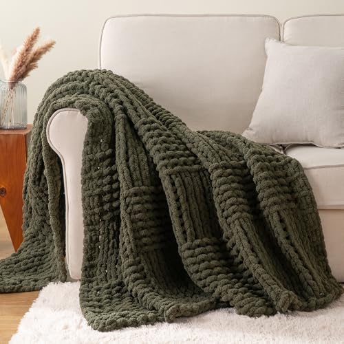 Bunnikins & Clover Olive Green Throw Blanket for Couch, 50"x60" | Handmade Chenille Cable Knit Throw for Couch, Stylish Cozy Soft Rope Knot Crochet Blanket for Home Decor - color: Olive Green