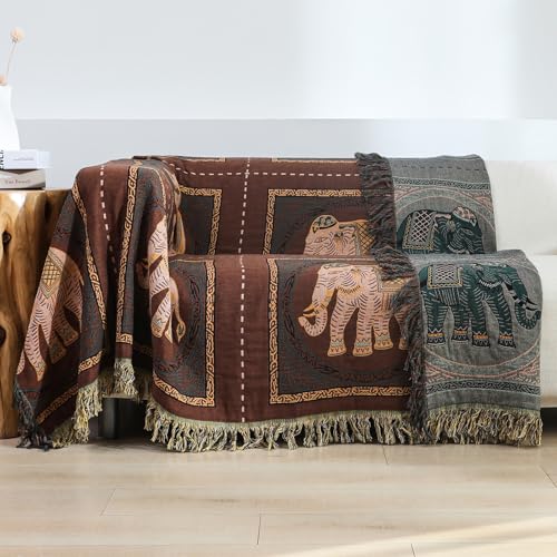 Elephant Pattern Boho Throw Blanket for Bed Couch 60"×80" Brown | 4-Layer Gauze Breathable Reversible Muslin Blanket,Soft Lightweight All Season Quilt with Fringe,Multi-purpose Blanket - color: Brown Elephant, size: 60''x80''