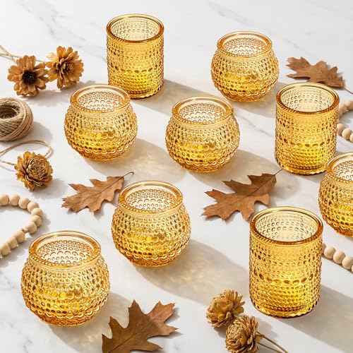 Rubtlamp Amber Votive Candle Holders Set of 24, 12Pack 2.1 * 2.7inch Glass Vintage Candles Holder 12Pack 2.1 * 2.1inch Tea Lights Candle Holders for Table Centerpiece Wedding Decor Home Decoration - color: Amber