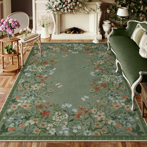 Wonnitar 6x9 Washable Area Rug, Green Floral Rug for Living Room, Boho Botanical Rug for Bedroom, Non Slip Soft Flower Nursery Carpet, Farmhouse Dining Room Decor (6x9 Green) - color: Green, size: 6' x 9' (Rectangular)