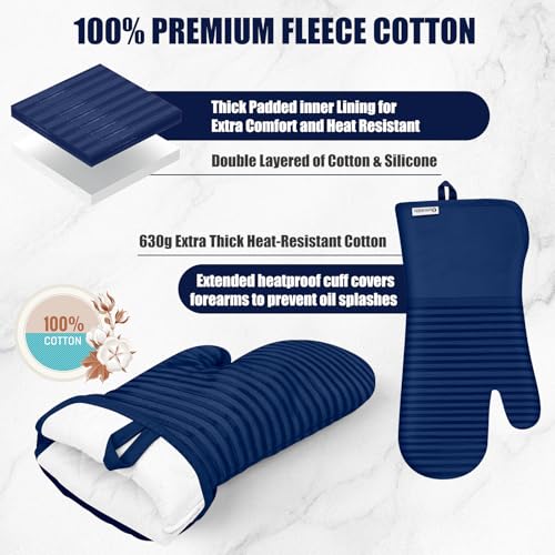 Oven Mitts and Pot Holder Sets with Silicone Grip, 500°F Heat Resistant-6 Pack Dishcloth/Dish Towels for Kitchen 100% Cotton-Value Kitchen Essentials for Cooking, Baking, Grilling-Marine Blue - color: Marine Blue