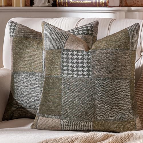 Set of 2 Throw Pillow Covers Woolen Patchwork Checkered Farmhouse Decorative Square Pillows Cover Pillowcase for Sofa Couch Bed 20 x 20-Inch Green - color: Green, size: 20" x 20" (Pack of 2)