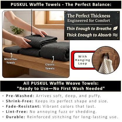 PÜSKÜL 2-Piece Natural 100% Turkish Cotton Waffle Bath Towels Extra-Large | Black, 32x63" Bath Sheet Towel, Light Soft Absorbent Quick-Dry Lint-Free Premium Honeycomb Weave Oeko-Tex Made in Turkiye - color: Black