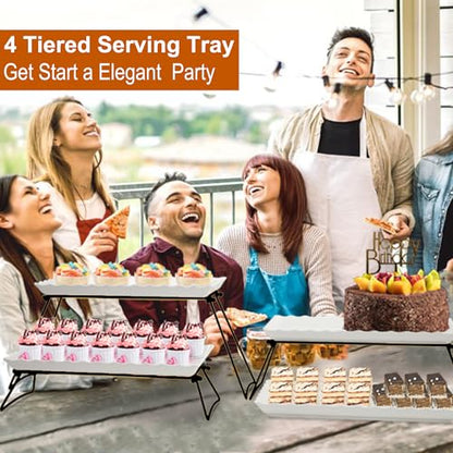 KAQAHIDO Extra Large 4 Tier Serving Tray Set, 34x22x10 inch Wave Edge Melamine Dessert Table Display Set, Tiered Trays Stand for Party Buffet Entertaining, Black and White - color: Black