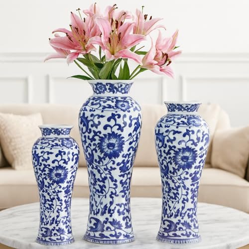 LemonRoad 3 Pack Chinoiserie Vases Porcelain Blue and White Vases for Flowers Pottery Chinoiserie Ceramic Vase for Living Room Mother's Day Decor Table Centerpiece, 6.7", 8.3", 10"(Classic) - style: Classic
