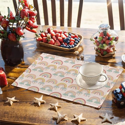 Rainbow Heart Placemats,Boho Whimsical Table Mats Set of 6,12x18 Inch,Waterproof Oil-Proof Washable and Reusable Linen placemats Holiday Party Kitchen Table Decorations - color: Rainbow Heart，boho Whimsical