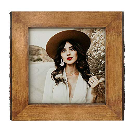 IKEREE 8x8 Picture Frames with Bark Edges, Rustic Wood Photo Frame for Tabletop or Wall Display, Natural Brown - size: 8x8 inch