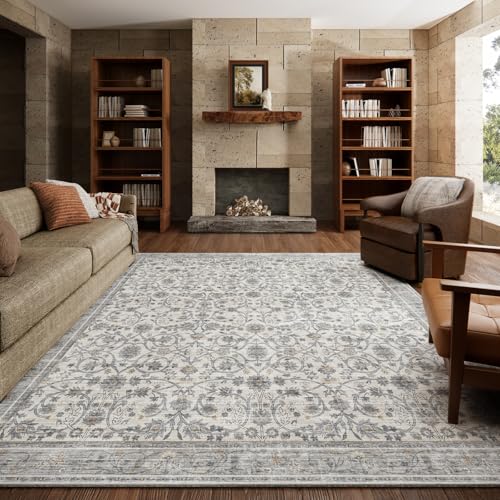 Machine Washable Rugs for Living Room: 6x9 Area Rugs for Bedroom | Ultra Soft,Non-Slip,Low Pile,Vintage Distress,Boho,Large,Carpet,High-Traffic,Dining Room,Nursery,Farmhouse Decor - color: Beige/Grey/Multi, size: 6' x 9' (Rectangular)