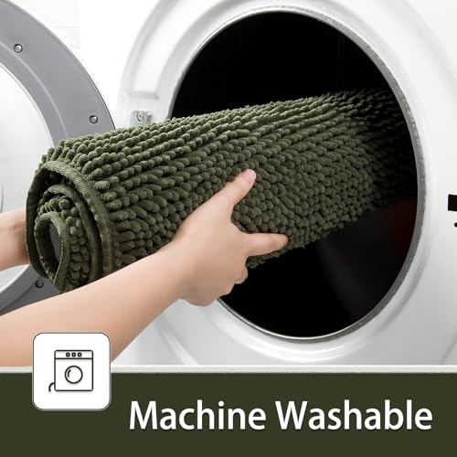 LOCHAS Bathroom Rugs Sets 2 Piece, 20''x20'' & 34''x21'', Olive Green | Non Slip U-Shaped Toilet Rug, Chenille Washable Absorbent, Soft Bath Mat Set for Shower, Sink - color: Olive Green