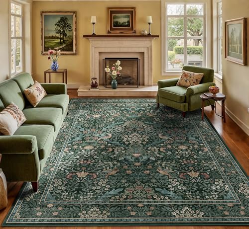 9x12 Washable Area Rug Non-Slip Throw Rug for Living Room Green Blue | Soft Low-Pile Area Rug,Distressed Botanical Birds Carpet,Foldable Stain Resistant Area Rug for Farmhouse Dining Room Office - color: Dark Green (Larger Pattern), size: 9' x 12' (Rectan