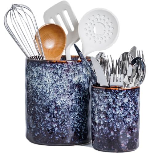 Utensil Holder, 7.25"+5.25" Ceramic Kitchen Utensil Holder for Countertop, Large Cooking Utensil Crocks Gift for Mother's Day, Home Kitchen Decor, Parties,Set of 2, Speckled Black Purple - color: Speckled Bluish Purple