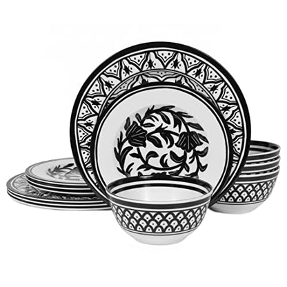 Melamine Dinnerware Sets-12pcs Melamine Plates and Bowls Set, Round | Unbreakable, Dishwasher Safe, Indoor Outdoor Use, Ideals for Parties, Camping Dish Set, Black and White Pattern - color: Black White