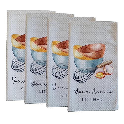 Personalized Kitchen Towel | Custom Tea Towel | Watercolor Utensil Dish Towel | Kitchen Decor | Hand Towel Gift Set | Waffle Weave Dishcloth (Pack of 4 Towels, Design 1) - size: Pack of 4 Towels, style: Design 1