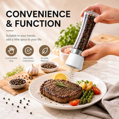 Premium Salt and Pepper Grinder Set of 2, 6 oz Refillable Glass Salt and Pepper Shakers with Adjustable Ceramic Grinder, Manual Pepper Mill Set Includes Funnel & Cleaning Brush, Transparent Lid - color: White, size: 2.5"W x 7.5"H