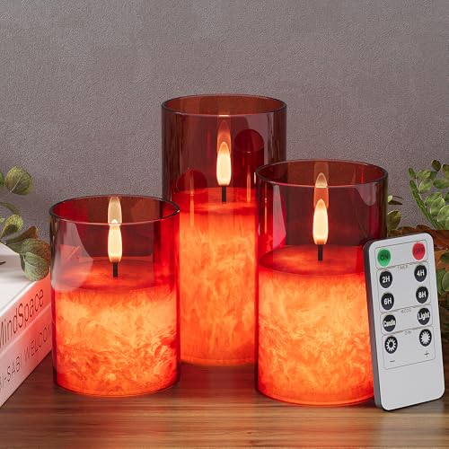 Battery Operated Flameless Candles with Remote & Timer, Red Glass 3Pack | Real Wax Crystal Texture, D3×H4/5/6", 2/4/6/8H Timer, Dimming, Flickering Realistic LED Candles for Wedding Table Decor - color: Red