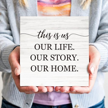 This Is Us Our Life Our Story Our Home Wooden Box Sign Decor, Family Signs for Living Room Entryway, Welcome Plaques for Desk Table Wall, Housewarming Gifts for New Home, 5x5 Inch