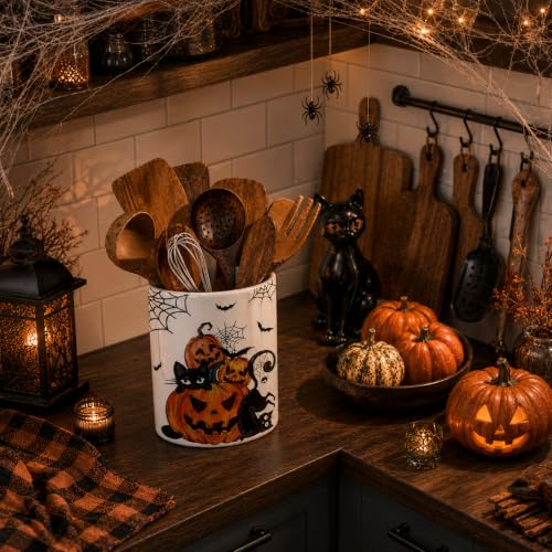 Halloween Utensil Holder, Spooky Ceramic Kitchen Utensil Holder, Utensil Crock for Home Kitchen Countertop Storage Organizer Container, Large Holder for Spatulas, Spoons, Kitchen Counter Decor, 6"