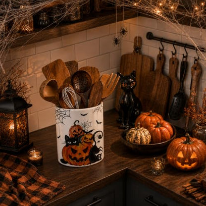 Halloween Utensil Holder, Spooky Ceramic Kitchen Utensil Holder, Utensil Crock for Home Kitchen Countertop Storage Organizer Container, Large Holder for Spatulas, Spoons, Kitchen Counter Decor, 6"