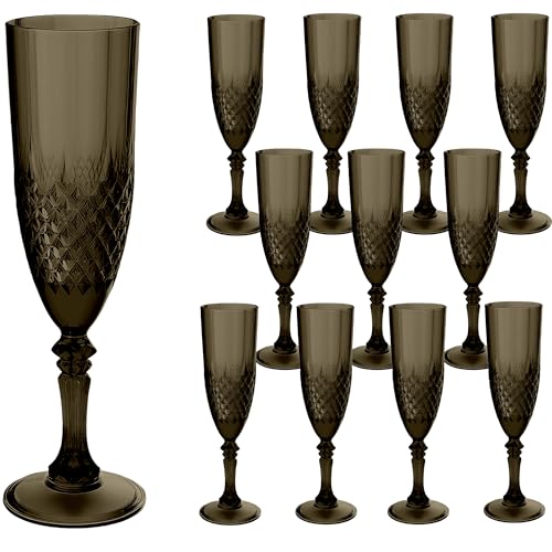 12 Pack Plastic Champagne Flutes, Black Reusable Champagne Glass | Unbreakable Hard Plastic Mimosa Cups Bulk with Stem, Fancy Stemware for Wedding, Party & NYE Celebration - color: Black