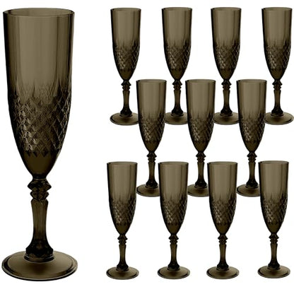 12 Pack Plastic Champagne Flutes, Black Reusable Champagne Glass | Unbreakable Hard Plastic Mimosa Cups Bulk with Stem, Fancy Stemware for Wedding, Party & NYE Celebration - color: Black