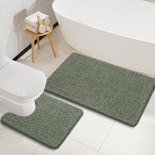 LOCHAS Bathroom Rugs Sets 2 Piece, 20''x20'' & 34''x21'', Sage Green | Non Slip U-Shaped Toilet Rug, Chenille Washable Absorbent, Soft Bath Mat Set for Shower, Sink - color: Sage Green