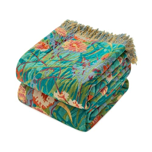 Boho Throw Blanket Cotton - 50"x60" Soft Blankets for Couch and Bed | Lightweight and Breathable Sofa Chair Throws, Cozy Reversible Muslin, All Seasons for Adults, Floral Jacquard Green Decor - color: 21-velvet Floral, size: (50"x60")Throw