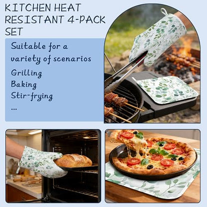 Eucalyptus Leaves Oven Mitts and Pot Holders Sets,Extra Long Watercolor Green Leaf Kitchen Mittens for Cooking,Thick Cotton Heat Resistant Silicone Cooking Utensils Set for Baking Cooking Grilling - color: Eucalyptus Leaves