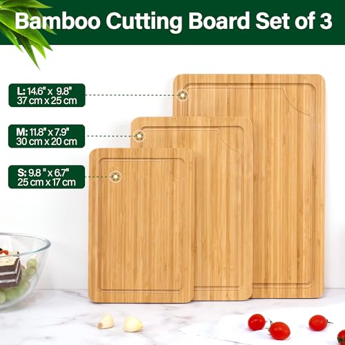 Bamboo Cutting Board Set of 3, Cutting Boards For Kitchen with Juice Groove, Bamboo Chopping Board Set, Serving Board Set for Meat, Fruit Vegetable and Cheese - color: Bamboo Set of 3