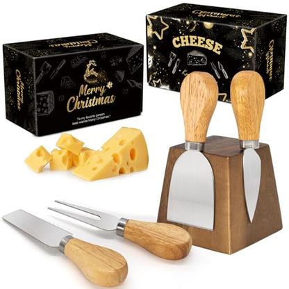 Cheese Knife Set for Charcuterie - 4 Small Stainless Steel Cheese Knives and Fork with Magnetic Acacia Wood Holder - Charcuterie Board Accessories