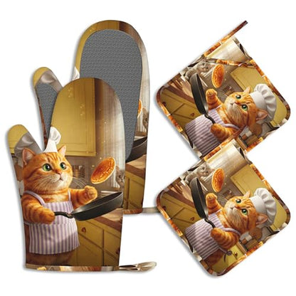Cat Chef Pot Holders and Oven Mitts Set Silicone Funny Cats Cooking Kitchen Gloves Potholders Heat Resistant Washable,Chef Cooking Baking Gifts for Women Men Bakers Lover Cooks - color: Cat Chef,funny Cats Cooking