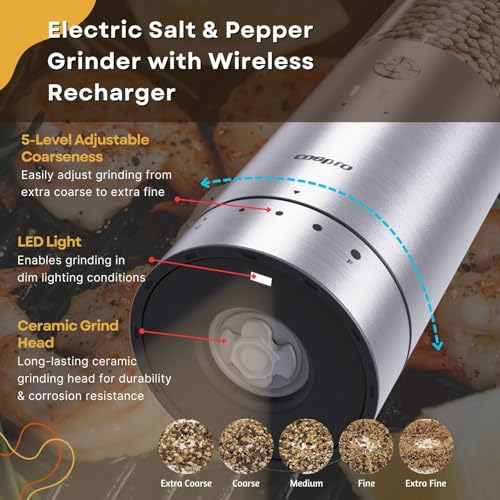 COSPRO Electric Grinder with Qi-Wireless Charging Base | Kitchen Gift | Rechargeable Automatic Spice Mill | Stainless Steel | One Hand Button Use | Adjustable Coarseness | Easy Clean - size: Set of 1