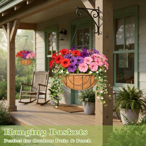 4 Pack 14 Inch Hanging Baskets for Plants Outdoor Metal Hanging Planter Hanging Flower Baskets with Coco Fiber Liners Chain Round Wire Plant Holder Hanging Flower Pots - size: 14 Inch, style: Flower Border