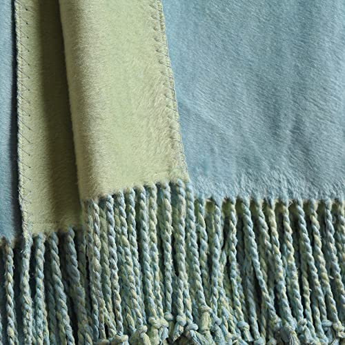 EP Mode Reversible Fringed Mulberry Silk Throw Blanket for Sofa (Crystal Blue/Lime) - color: Crystal Blue/ Lime