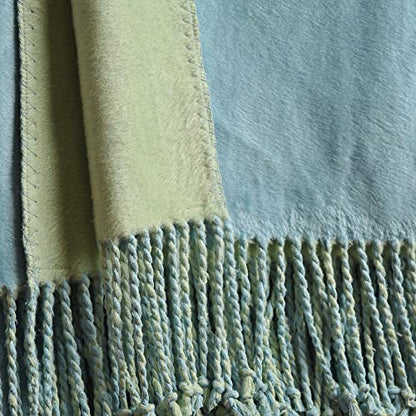 EP Mode Reversible Fringed Mulberry Silk Throw Blanket for Sofa (Crystal Blue/Lime) - color: Crystal Blue/ Lime