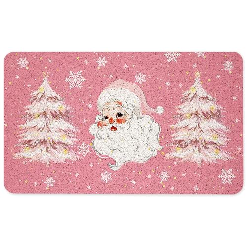 Pink Christmas Santa Door Mat, Winter Christmas Tree Doormat for Front Door Indoor Outdoor Entrance Porch, Preppy Xmas Santa Welcome Mat Outside, Xmas Winter Bath Mats, 17x30 Inches - color: Pink Christmas Santa
