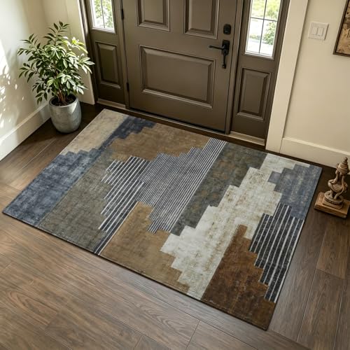 2'x3' Washable Entryway Rug Small Area Rugs Modern Abstract Accent Rug Vintage Blocks Geometric Pattern Throw Rugs Non-Slip Low Pile Mat for Door Bedroom Bathroom Kitchen Brown Taupe Gray Multi-Color - color: Color-blocked 01--multicolor