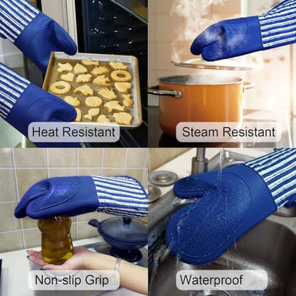 Alselo Silicone Oven Mitts Heat Resistant 932℉ with Waterproof & Non-Slip | Kitchen Mittens Set of 2,Extra Long 7.5"x15" Oven Gloves with Soft Cotton Terry Lining for Baking Cooking BBQ(Cobait Blue,2) - color: Cobait Blue