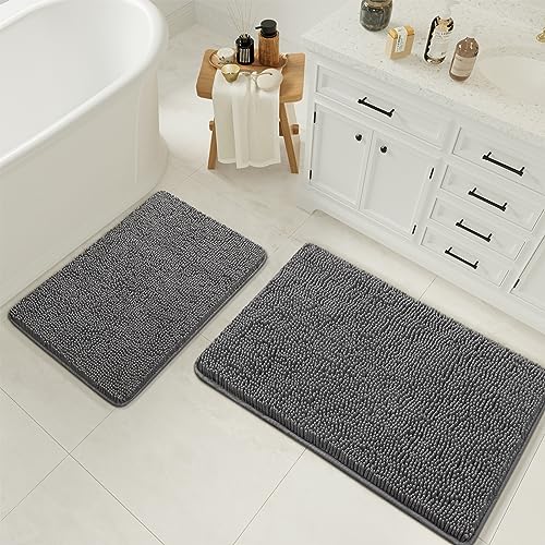 LOCHAS Bathroom Rugs Sets 2 Piece, Chenille Non Slip Bath Mat Set, Grey | Thick Absorbent Machine Washable Quick Dry Carpet for Bathroom Floor - color: Grey, size: 1'5" x 2' (Rectangular)