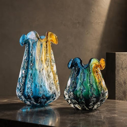 14.6" Tall Large Clear Glass Vase Wide Mouth, Pretty Hand Blown Glass Vase for Bouquet, Unique Teal and Amber Sea Vases for Modern High End Living Room, Office, Dining Table Centerpieces - size: Large
